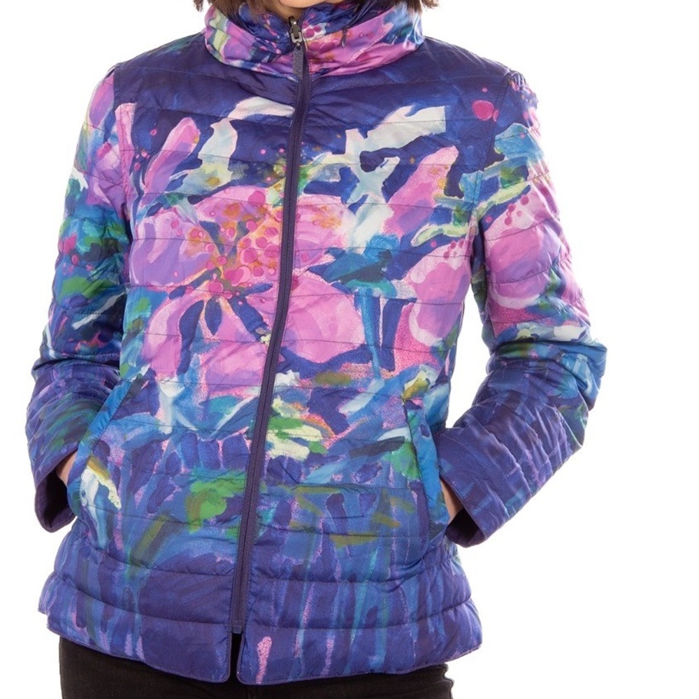 Floral Print Quilted Puffer Jacket - Purple Pink